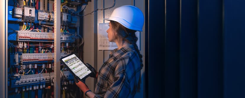 Ingeniera con tablet en sala eléctrica